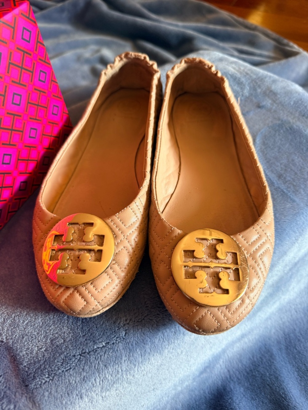 Tory Burch Quilted Taupe Ballet Flats with Gold Logo